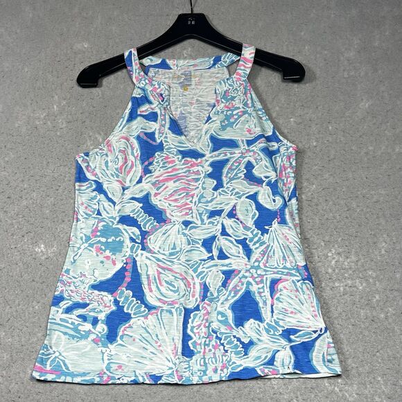 Lilly Pulitzer Tank Top Size Small Arya Bay Blue Into The Deep Pink Shell Print - Picture 1 of 13